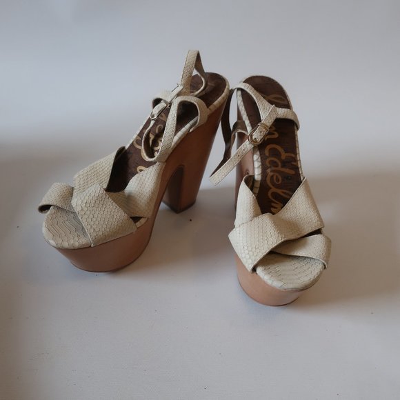 Sam Edelman Beige Embossed Leather Platform High Heel Sandals Sz 9 * - Picture 1 of 5